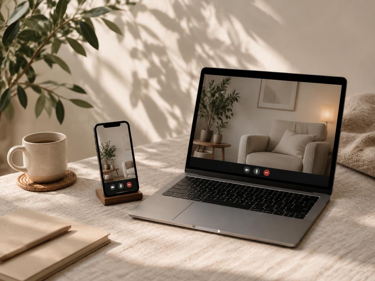 Notebook e celular preparados para uma sessão online