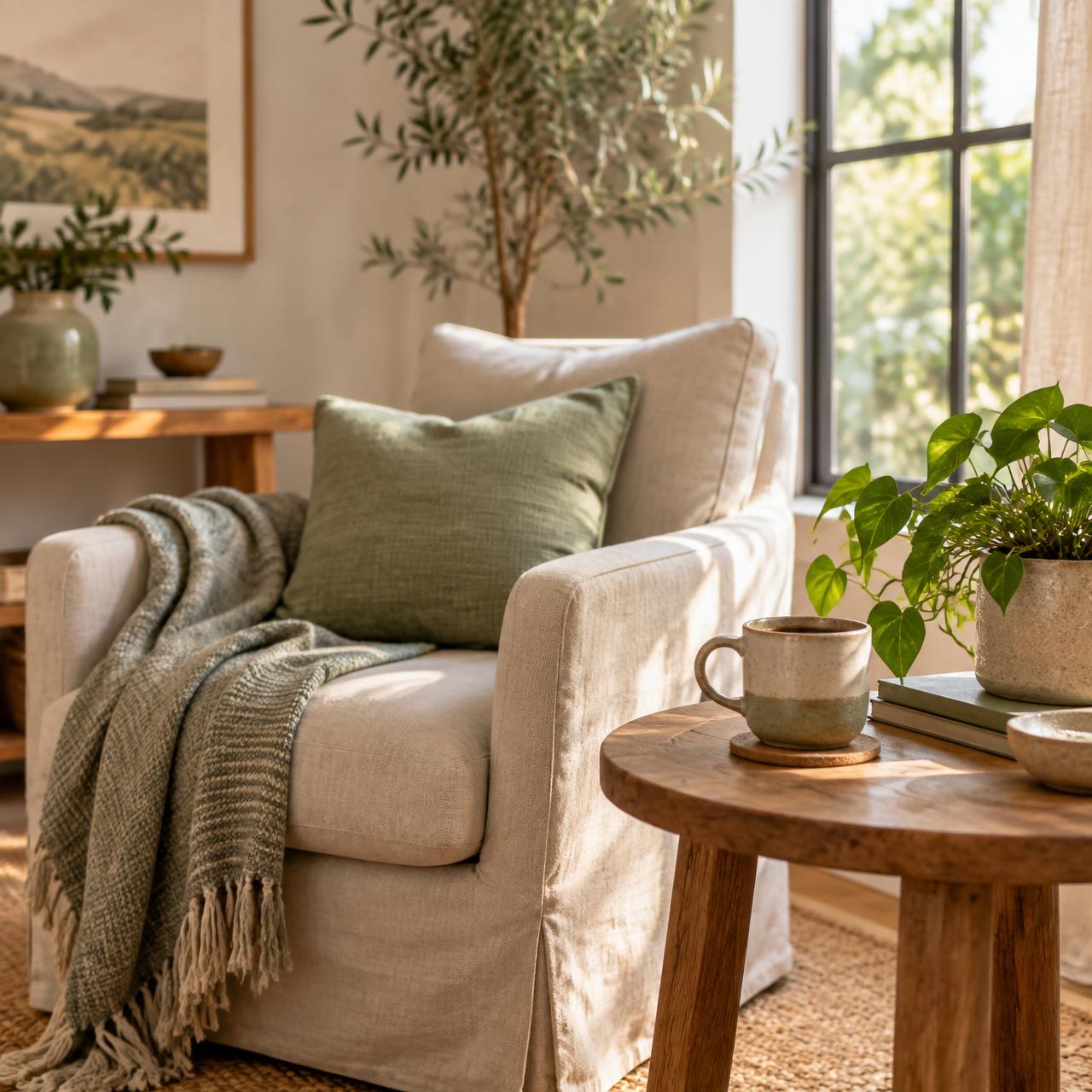 Ambiente acolhedor com poltrona, plantas e luz natural